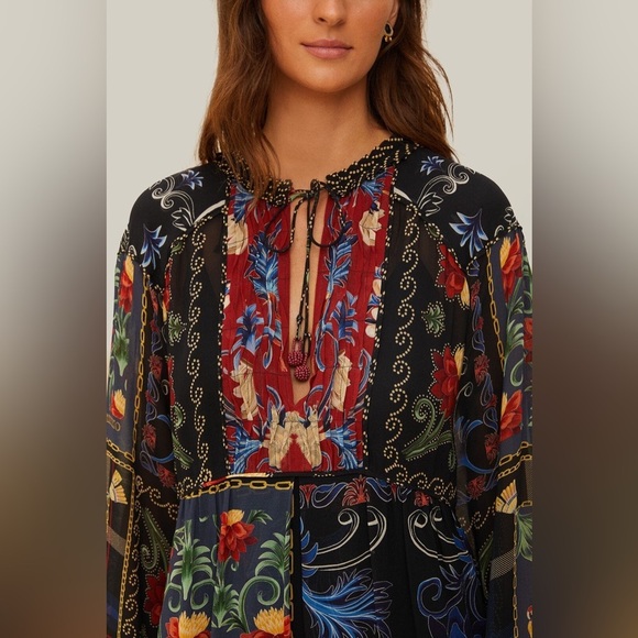 FARM RIO Black Mixed Arabesque Scarves Long Sleeve Mini Dress S - Picture 3 of 9